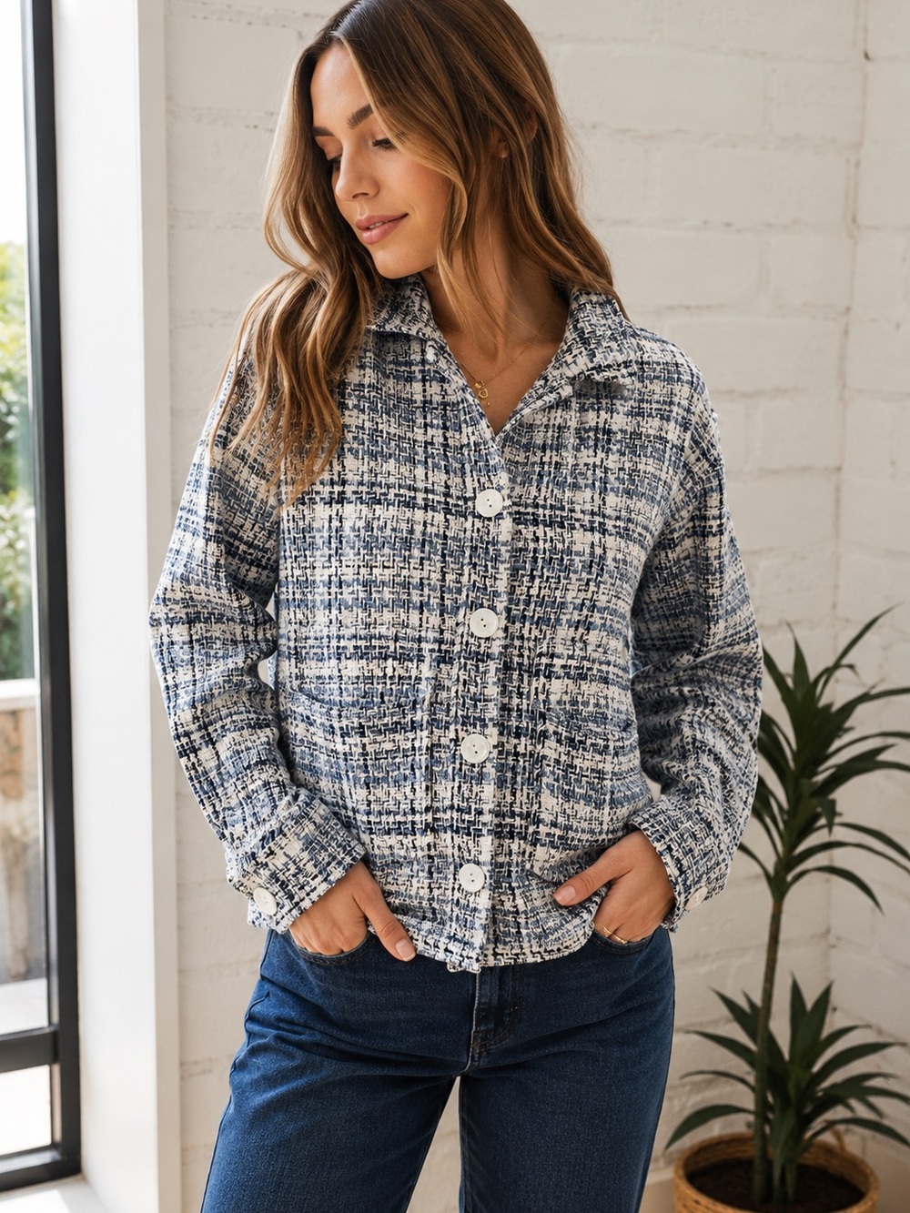 Stoosh Blue White Tweed Plaid Shacket Jacket Button Front Small